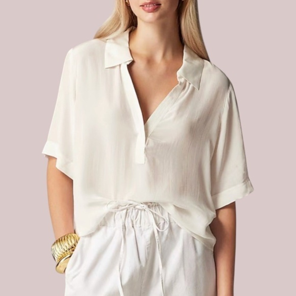 J. Crew Womens XL White Viscose Collared 3/4 Sleeve Top Blouse